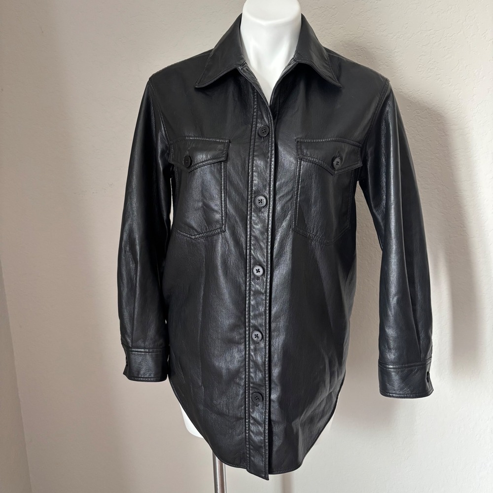 Aritzia Wilfred Ganna Black Vegan Leather Shirt Jacket Women's Relaxed Fit 2XS